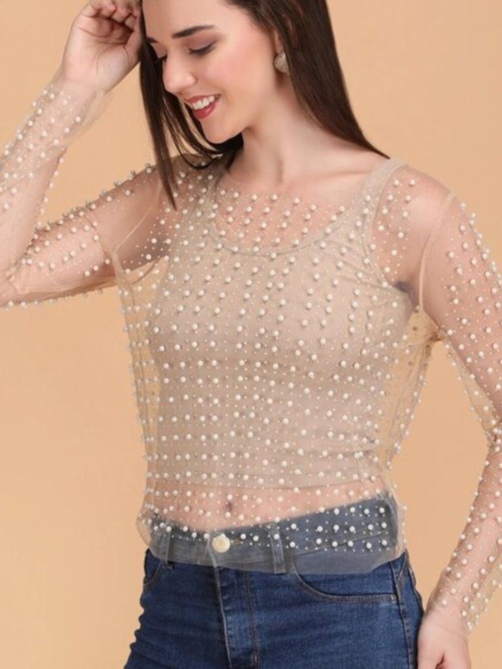 Chic Pearl-Embellished Sheer Sweater